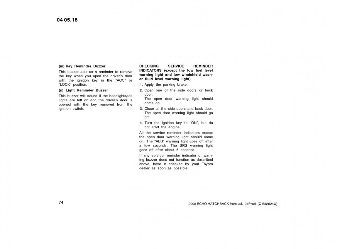 Toyota Yaris I owners manual / page 74