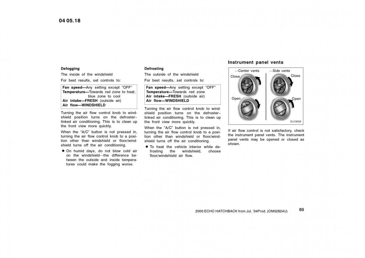 Toyota Yaris I owners manual / page 89