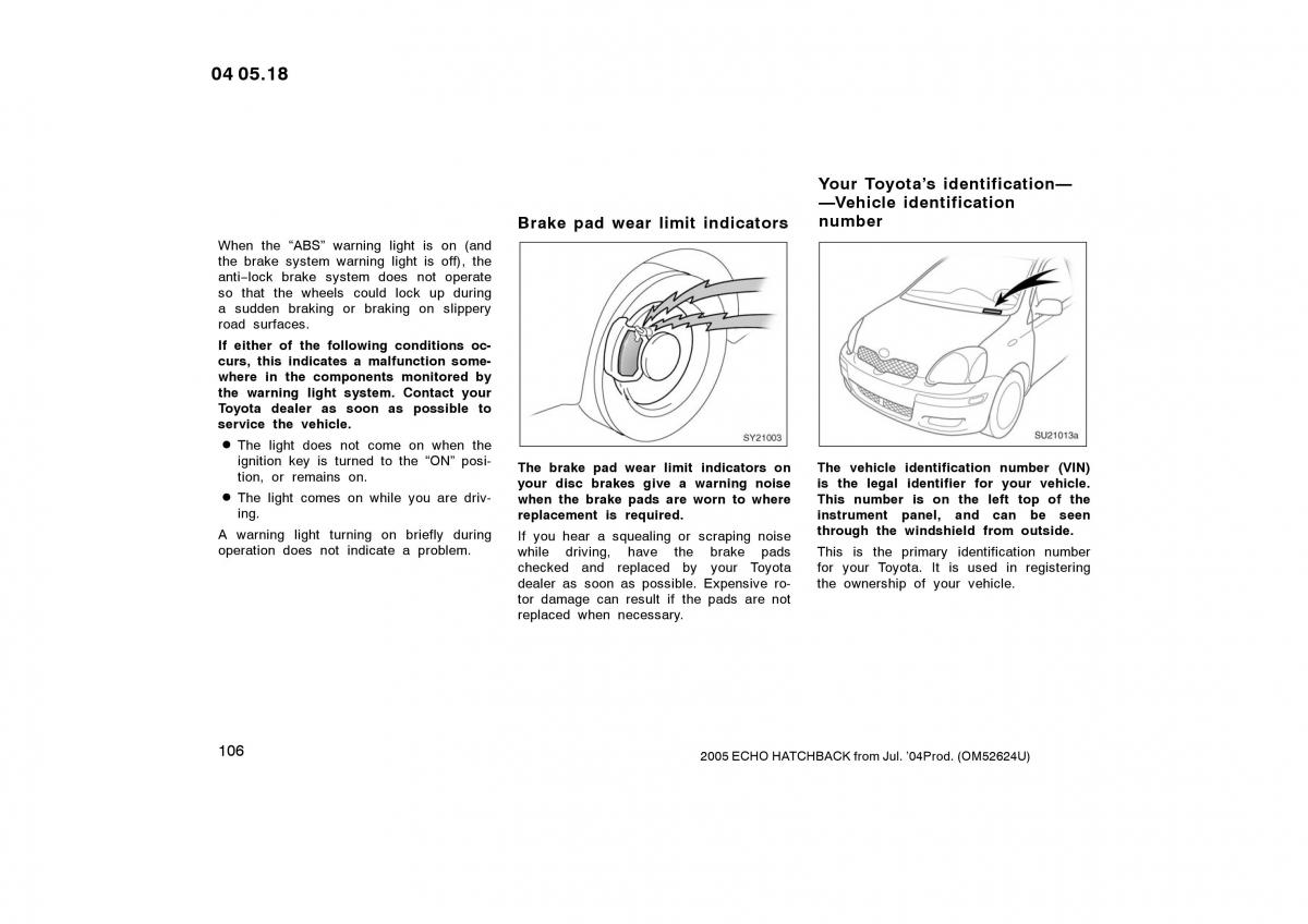 Toyota Yaris I owners manual / page 106