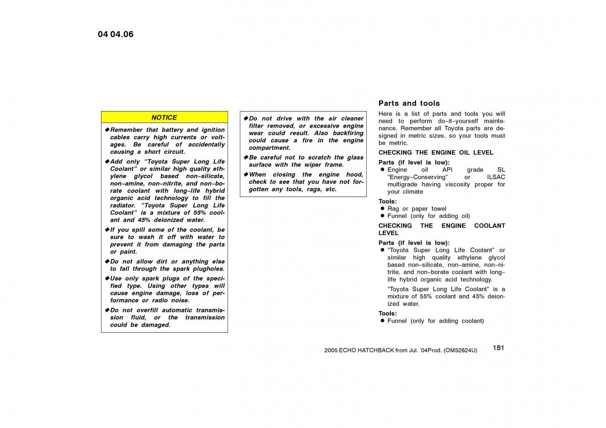 Toyota Yaris I owners manual / page 181