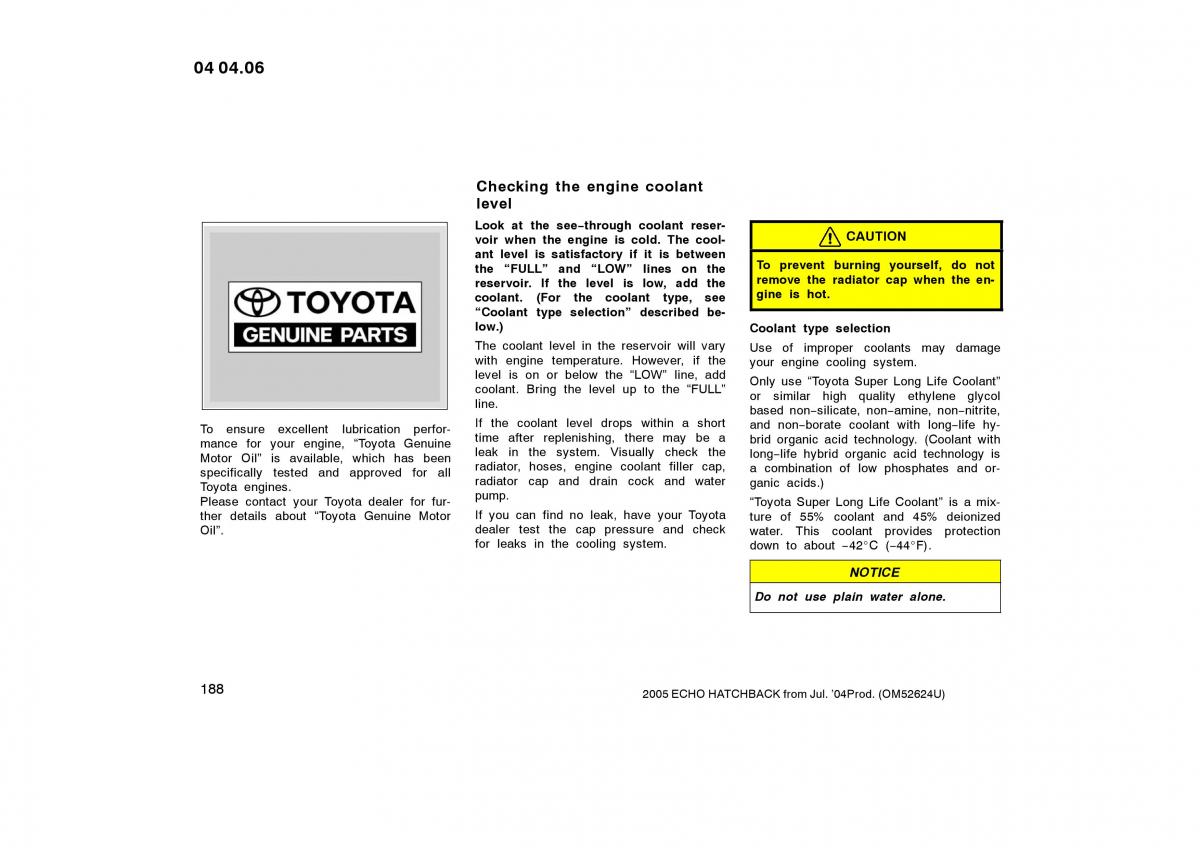 Toyota Yaris I owners manual / page 188