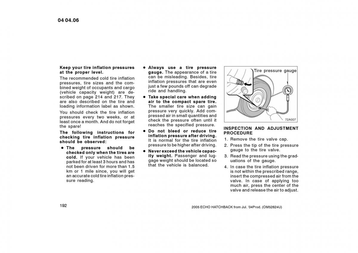 Toyota Yaris I owners manual / page 192