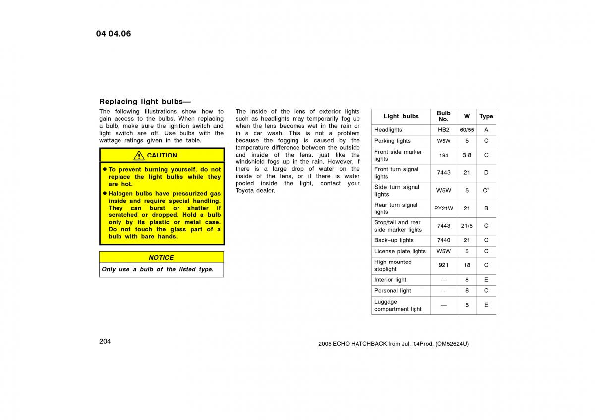 Toyota Yaris I owners manual / page 204