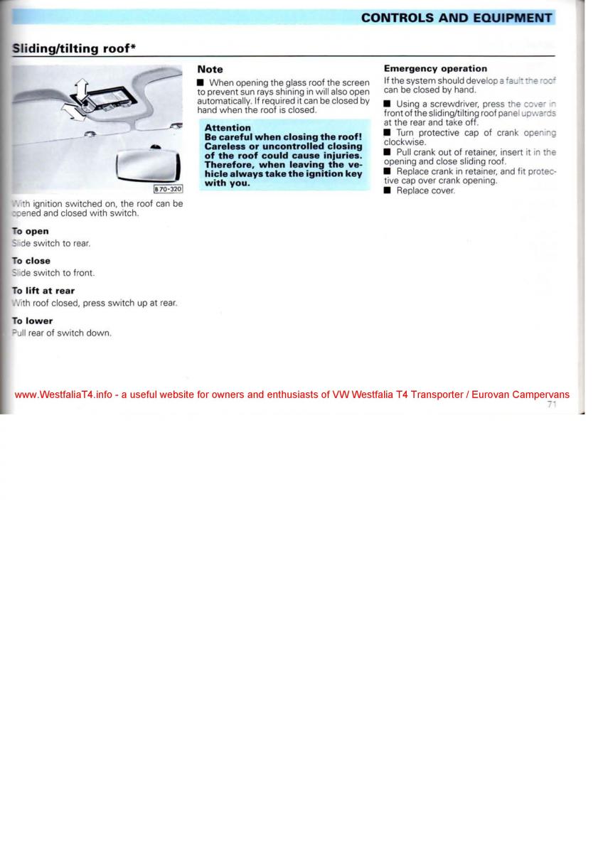 VW Transporter T4 Westfalia oweners manual / page 73