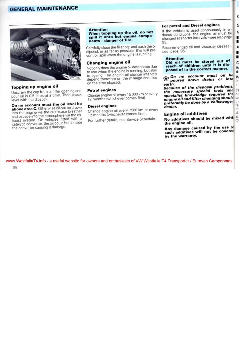 VW Transporter T4 Westfalia oweners manual / page 100