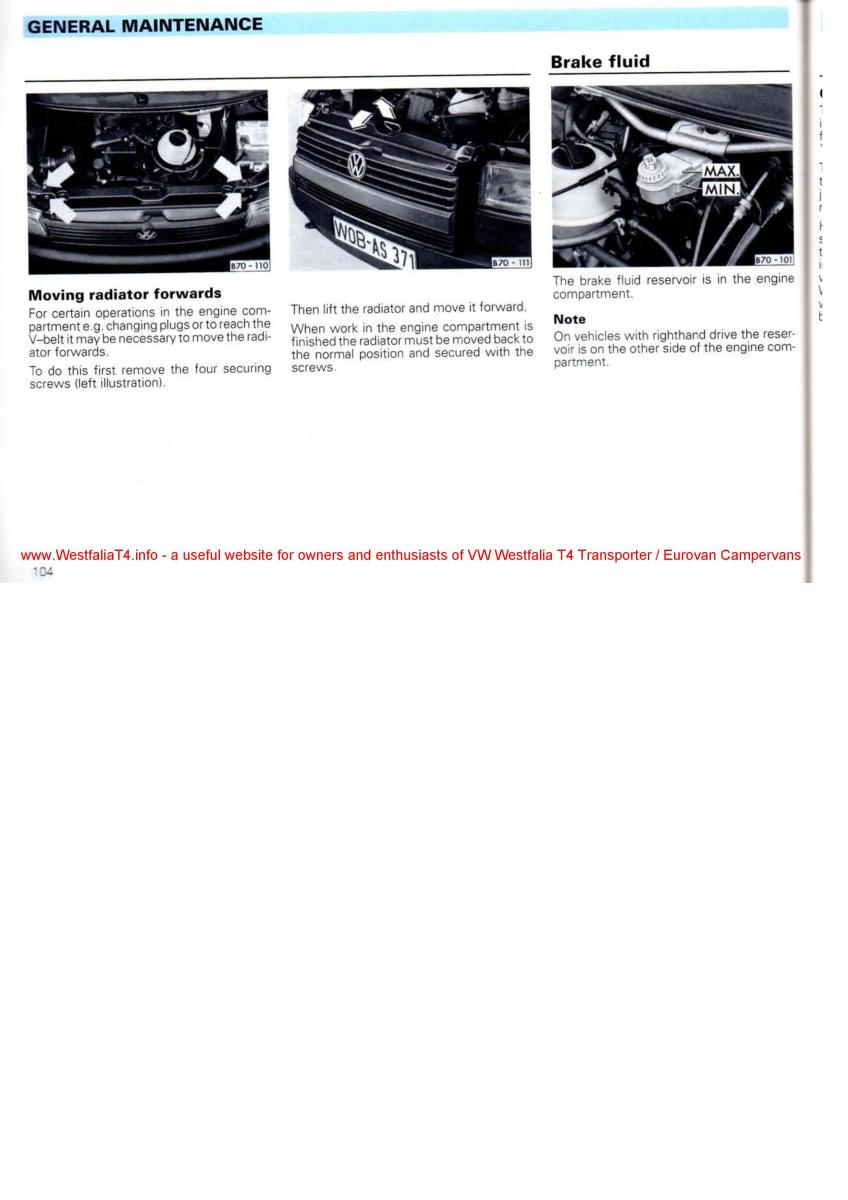 VW Transporter T4 Westfalia oweners manual / page 106