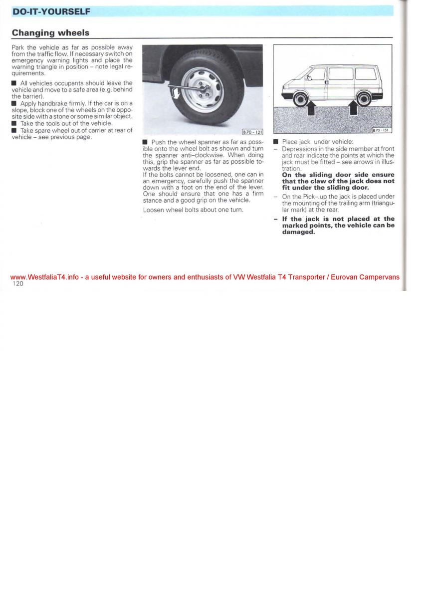 VW Transporter T4 Westfalia oweners manual / page 122