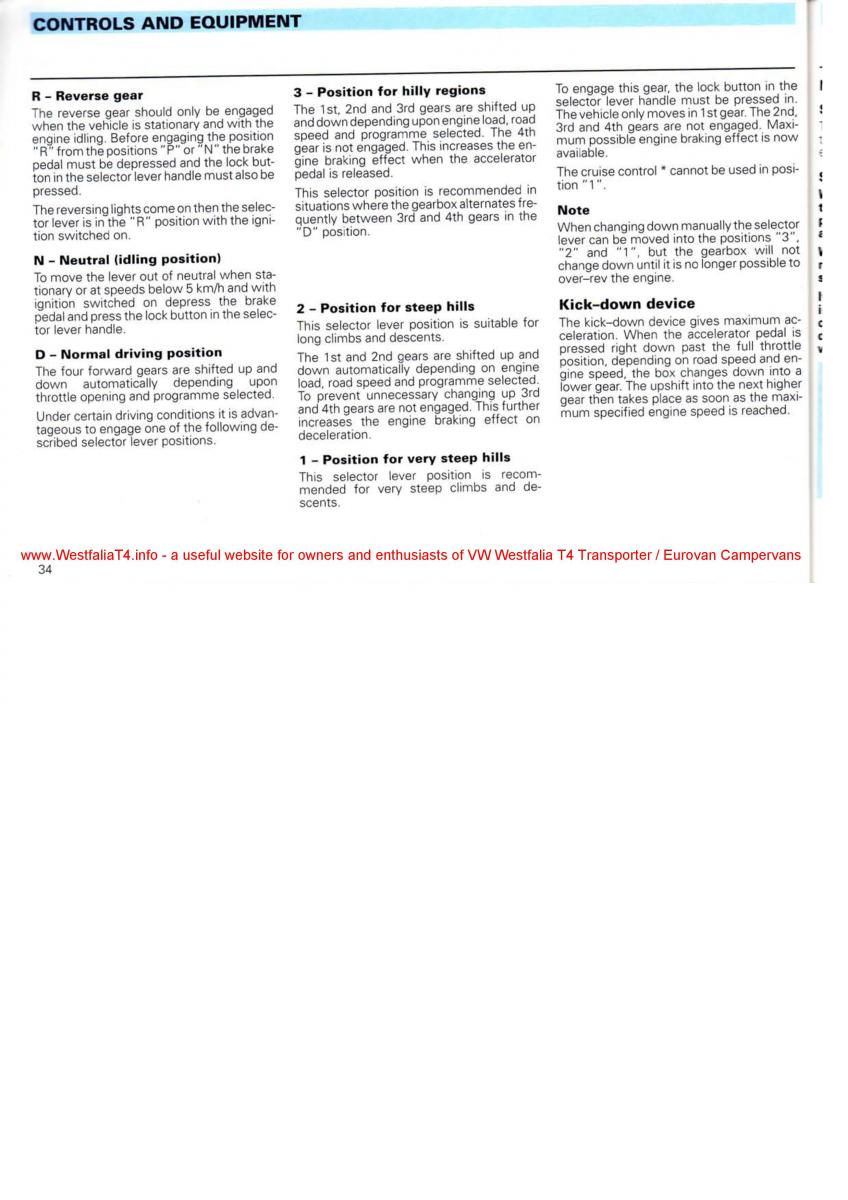 VW Transporter T4 Westfalia oweners manual / page 36