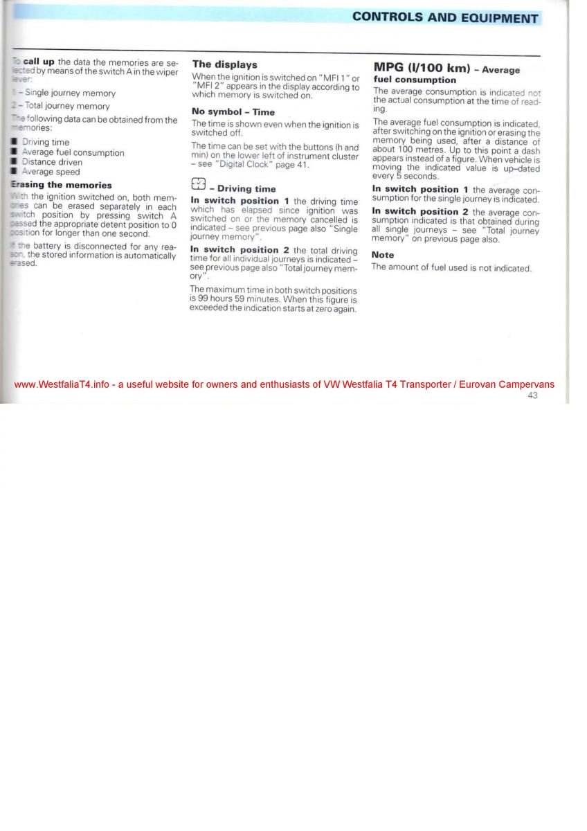 VW Transporter T4 Westfalia oweners manual / page 45