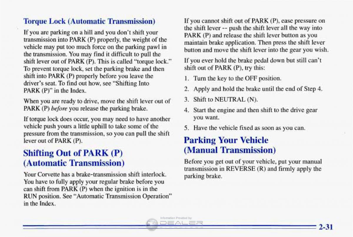 Chevrolet Corvette C4 owners manual / page 74