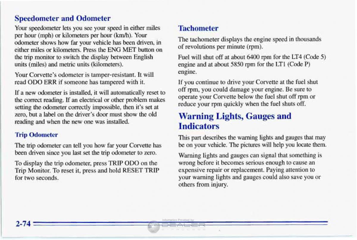 Chevrolet Corvette C4 owners manual / page 117