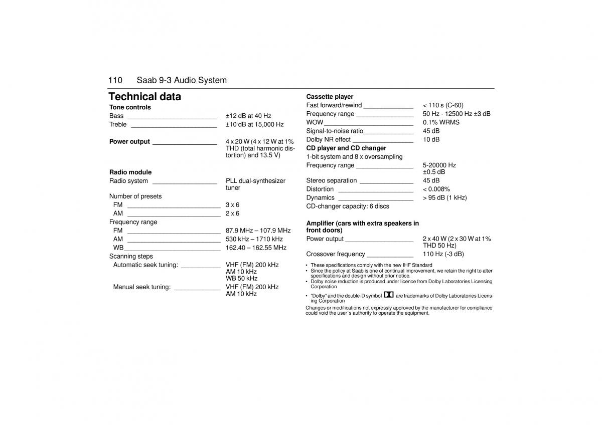 Saab 9 3 I 1 YS3D owners manual / page 110