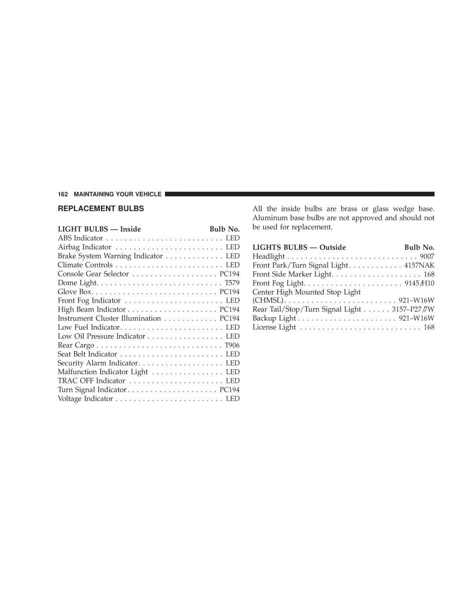 Chrysler Neon SRT4 owners manual / page 162