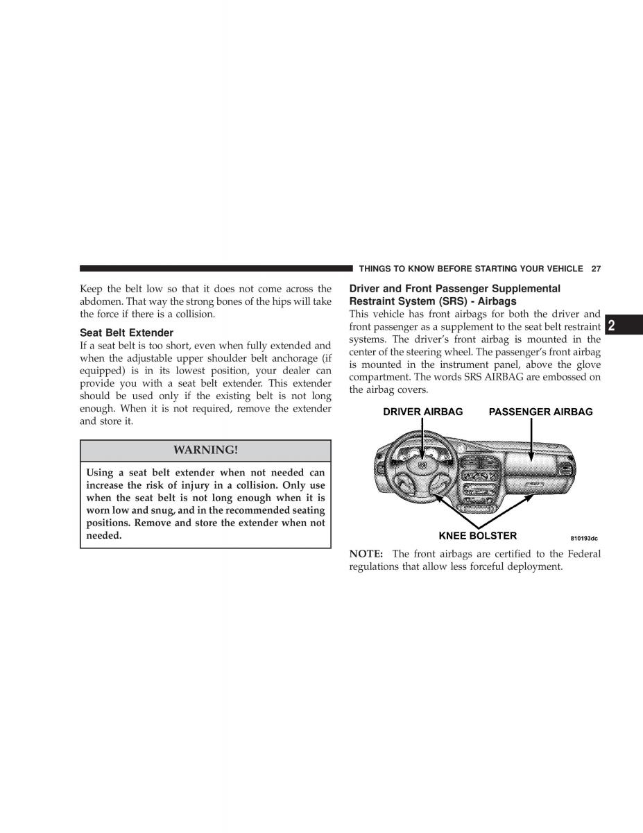 Chrysler Neon SRT4 owners manual / page 27