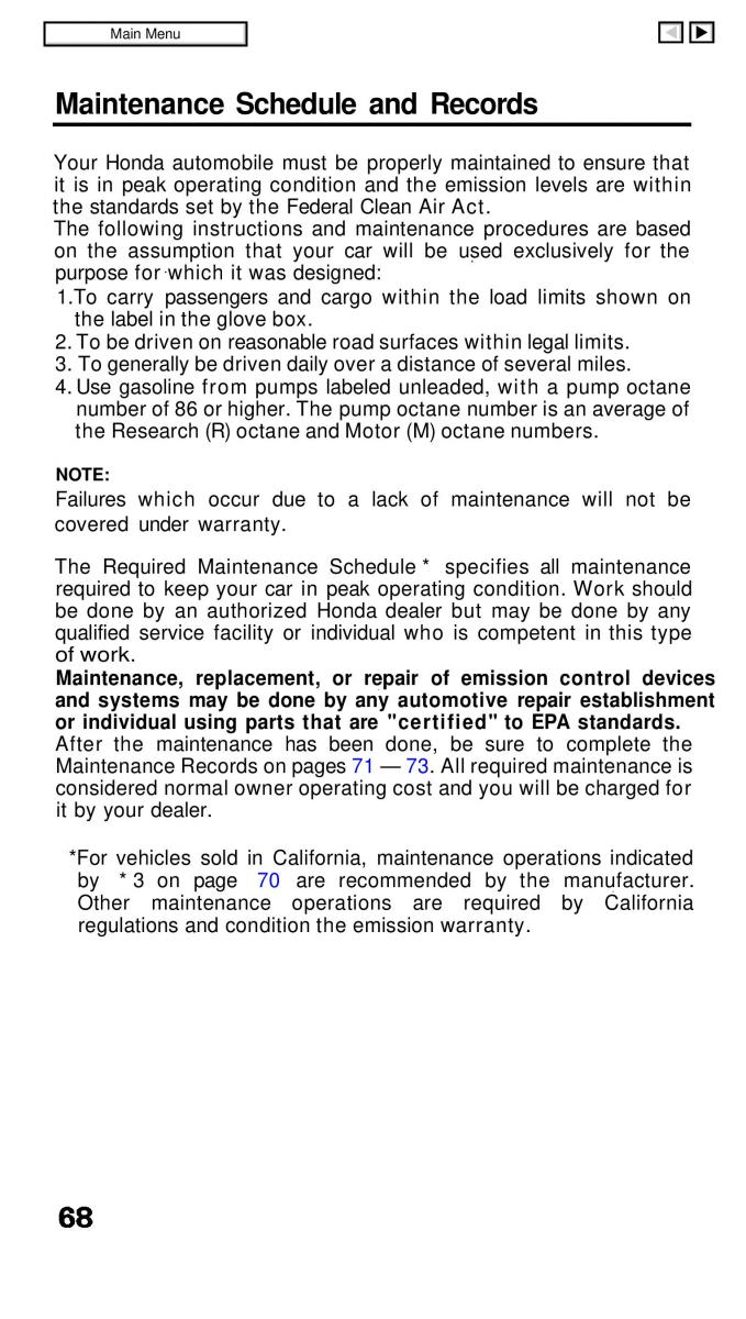 Honda Civic IV 4 Hatchback Sedan owners manual / page 68