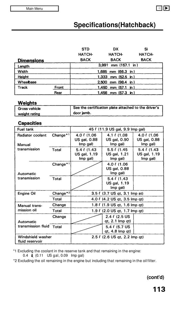 Honda Civic IV 4 Hatchback Sedan owners manual / page 113