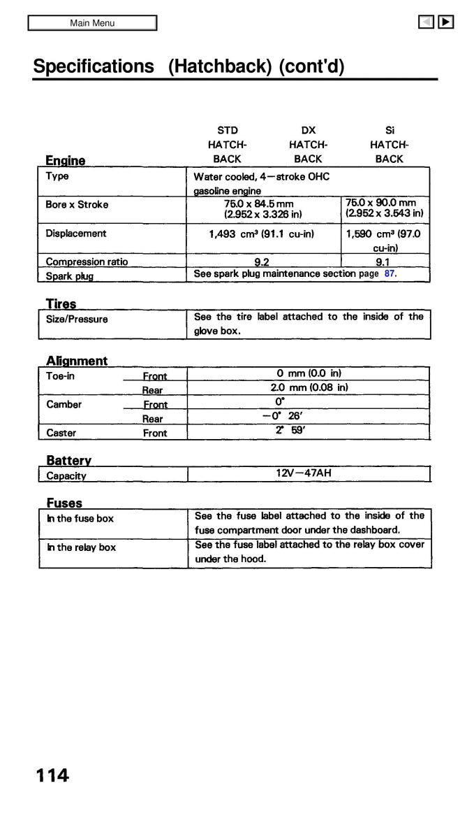 Honda Civic IV 4 Hatchback Sedan owners manual / page 114