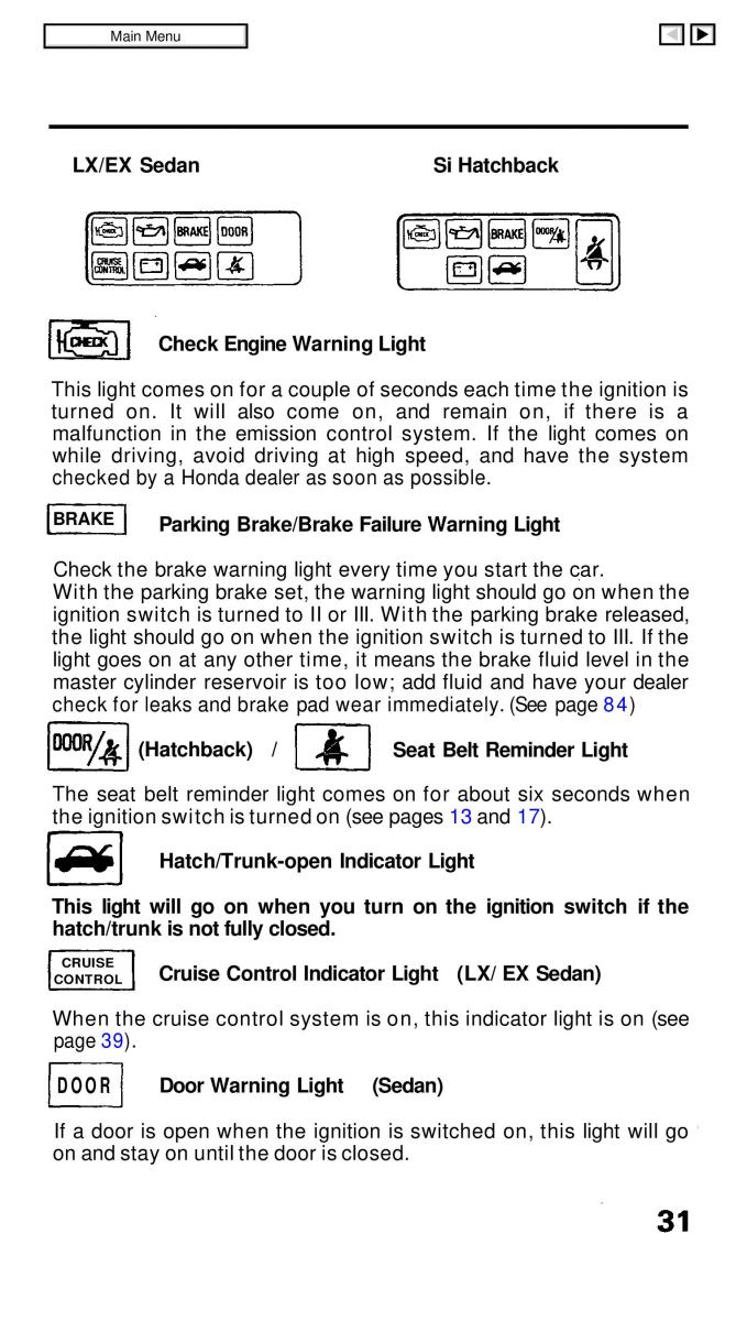 Honda Civic IV 4 Hatchback Sedan owners manual / page 38