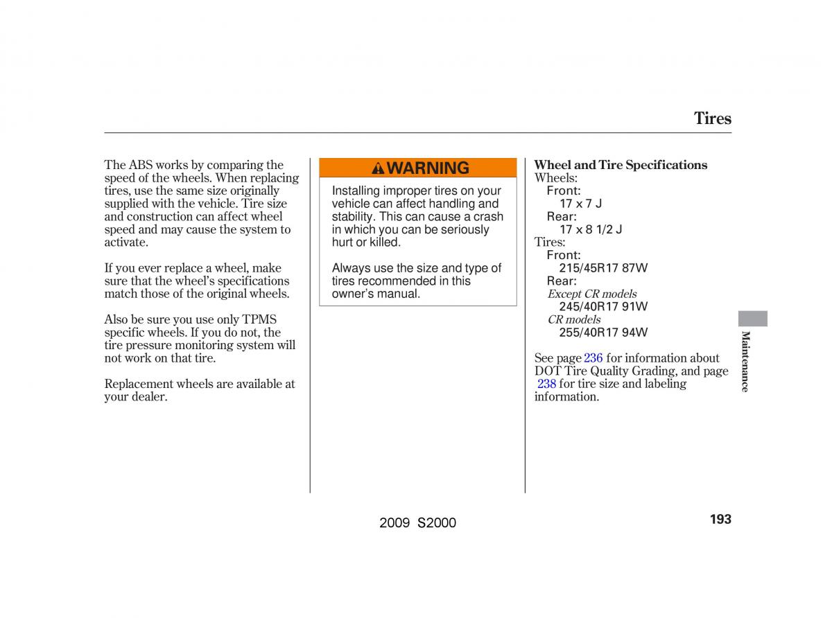 Honda S2000 AP2 owners manual / page 196