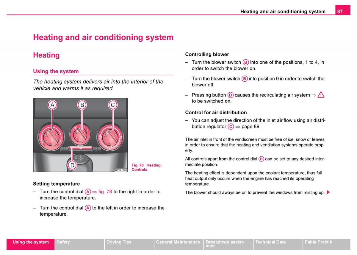Skoda Fabia I 1 owners manual / page 88