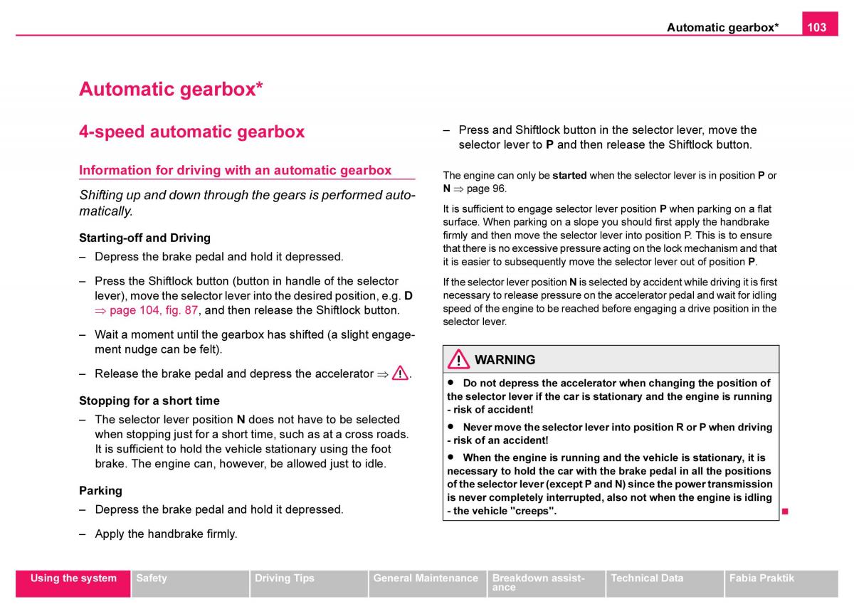 Skoda Fabia I 1 owners manual / page 104