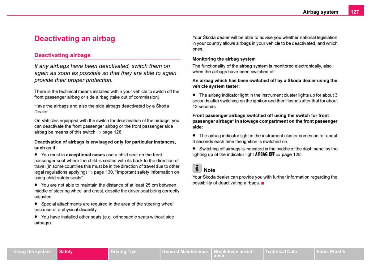 Skoda Fabia I 1 owners manual / page 128