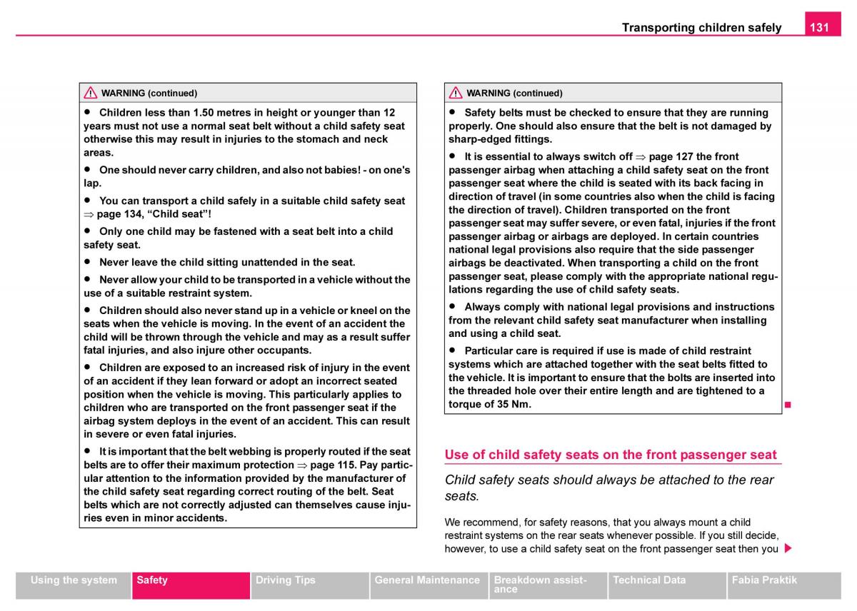 Skoda Fabia I 1 owners manual / page 132