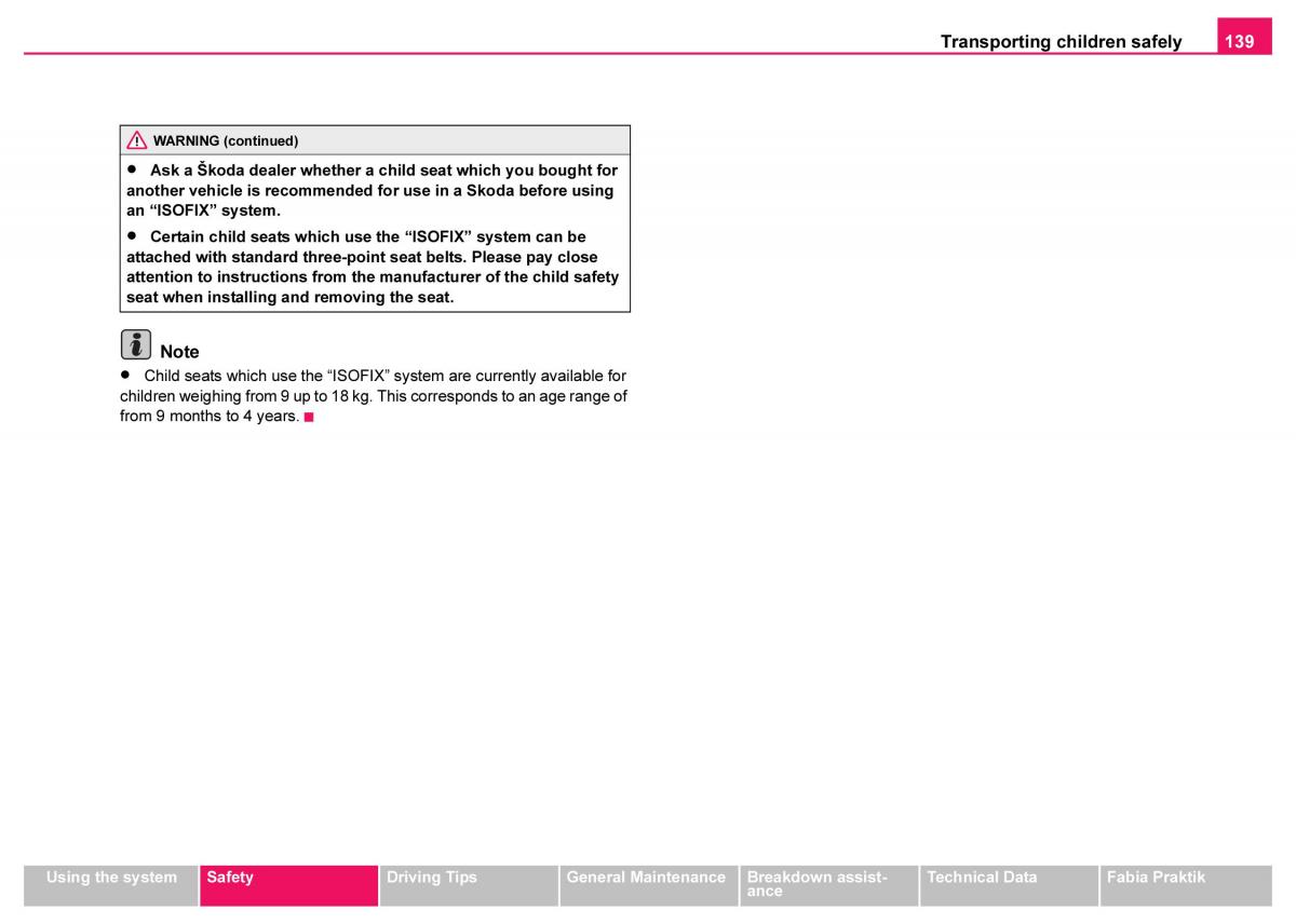 Skoda Fabia I 1 owners manual / page 140