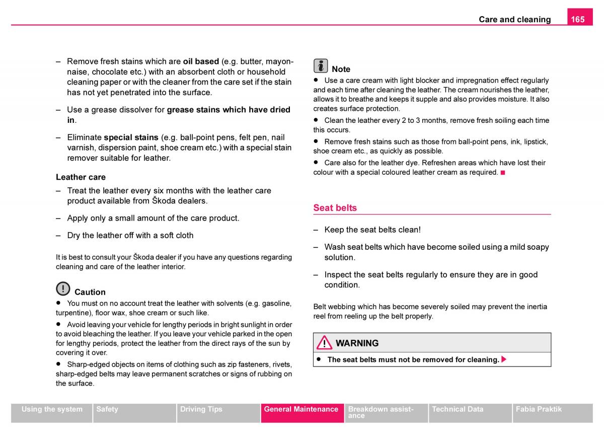 Skoda Fabia I 1 owners manual / page 166