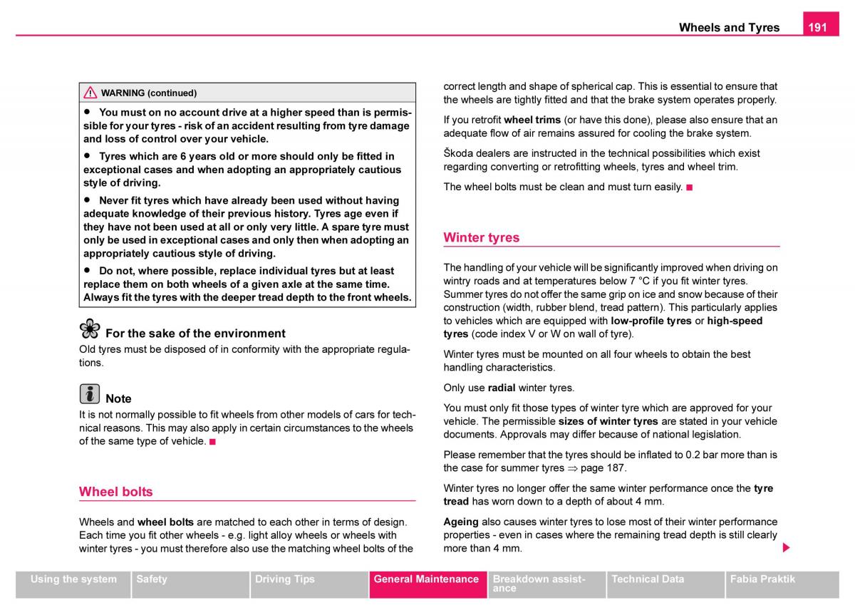 Skoda Fabia I 1 owners manual / page 192