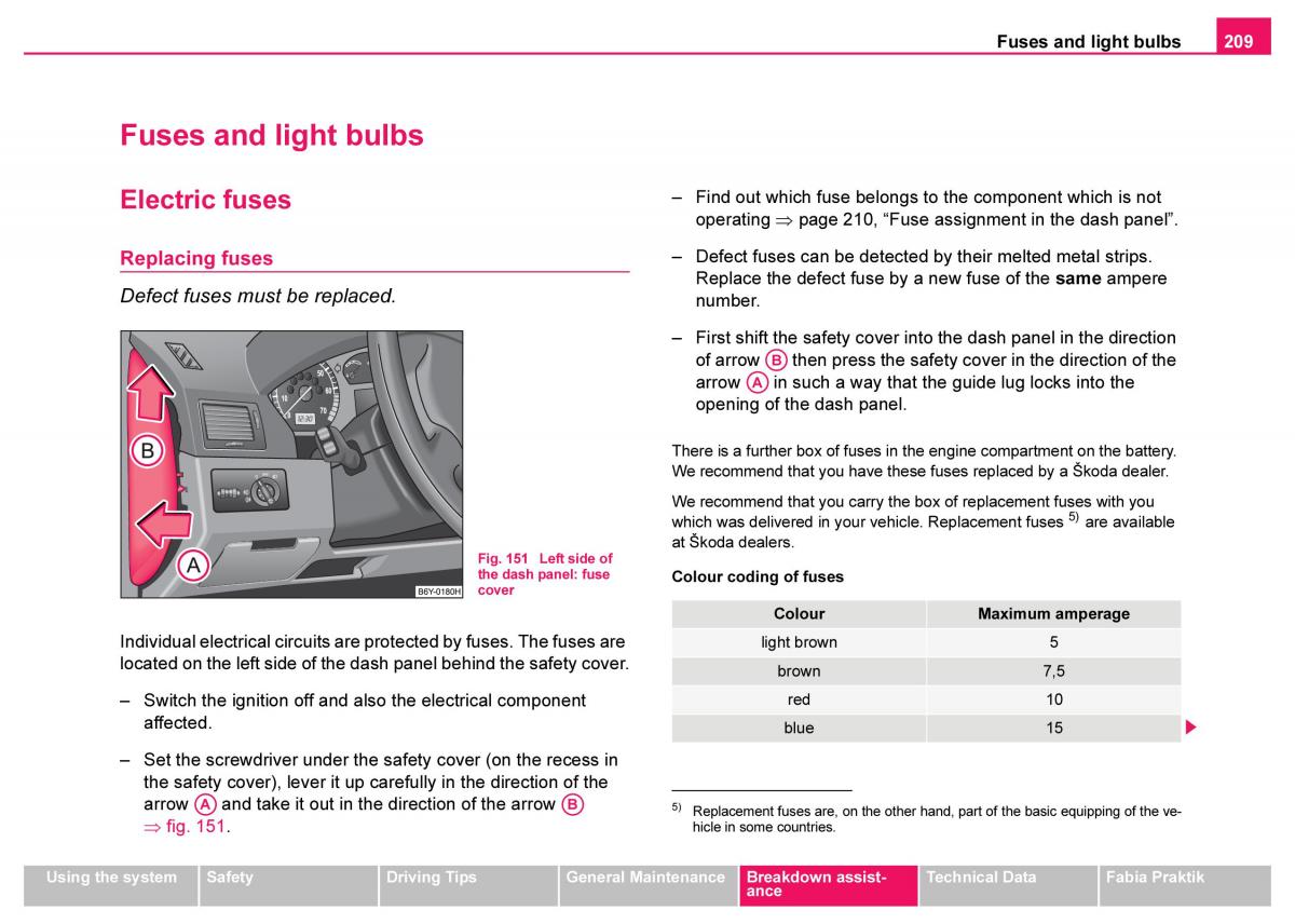 Skoda Fabia I 1 owners manual / page 210