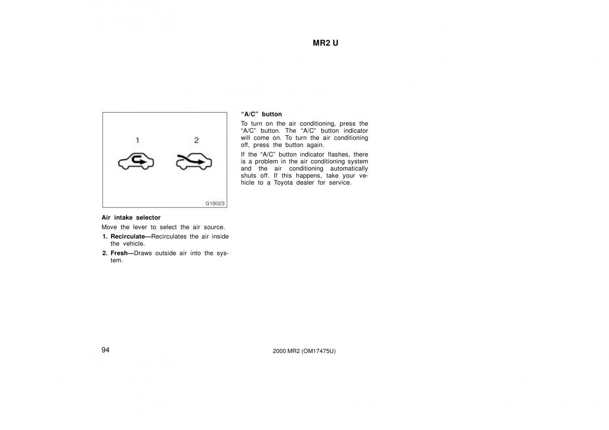 manual  Toyota MR2 Spyder MR S roadster owners manual / page 98