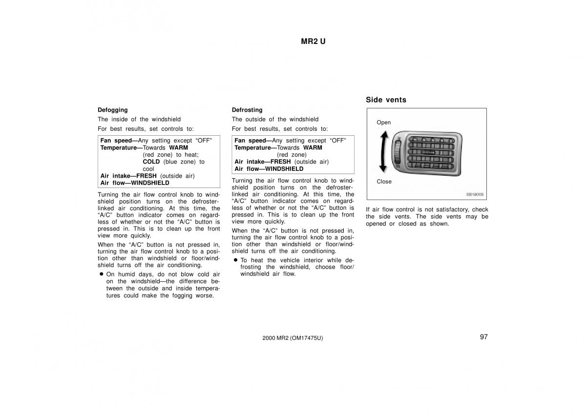 manual  Toyota MR2 Spyder MR S roadster owners manual / page 101