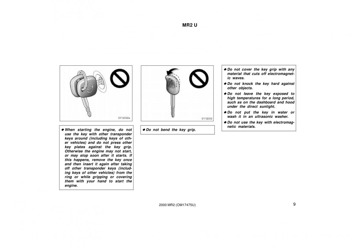 Toyota MR2 Spyder MR S roadster owners manual / page 13