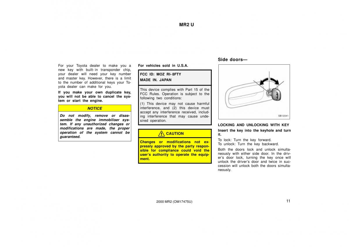 Toyota MR2 Spyder MR S roadster owners manual / page 15