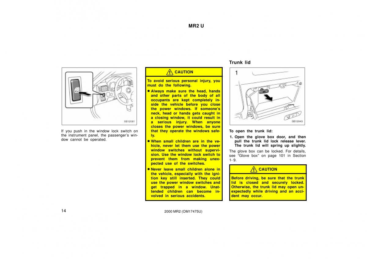 Toyota MR2 Spyder MR S roadster owners manual / page 18