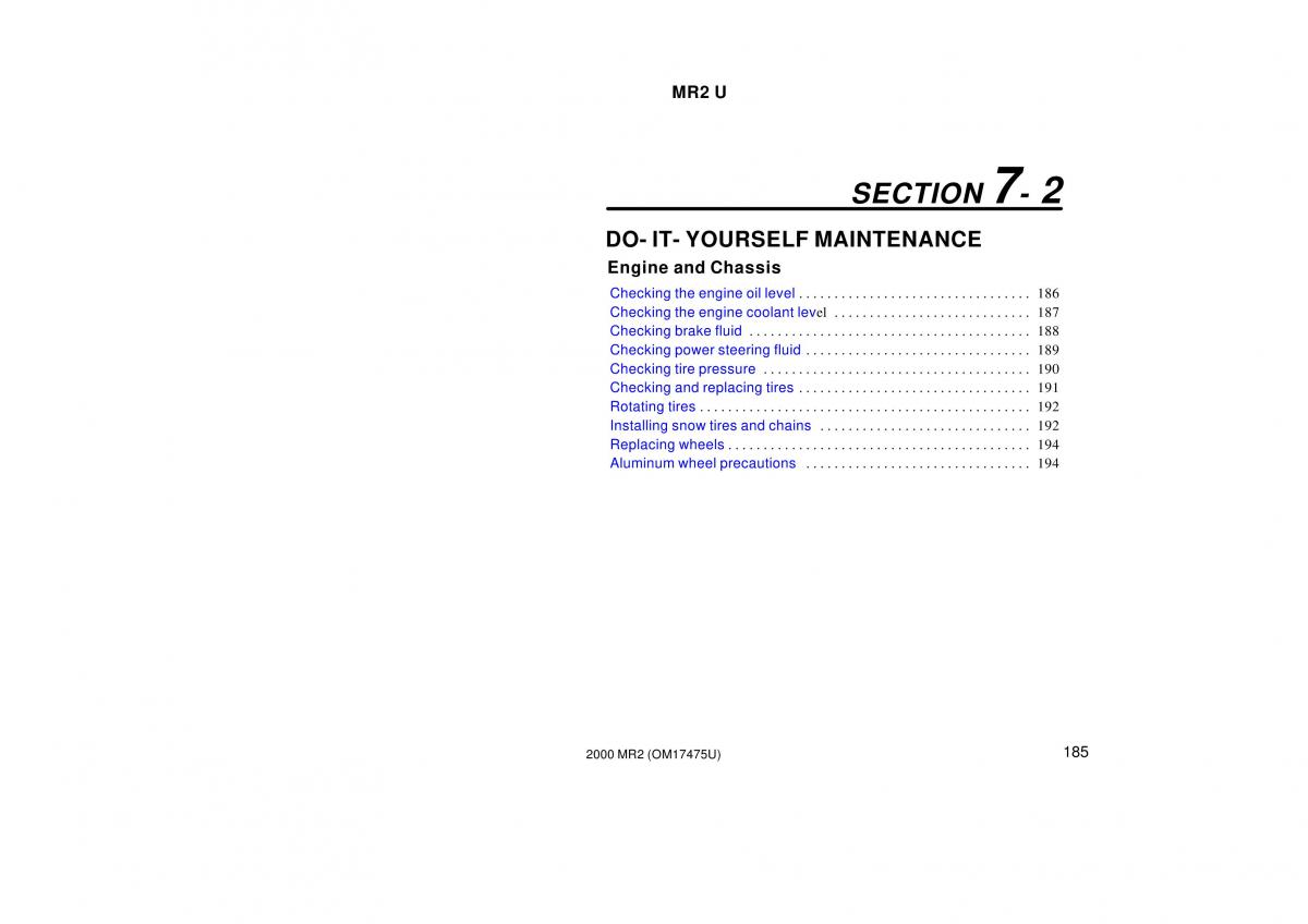 Toyota MR2 Spyder MR S roadster owners manual / page 189