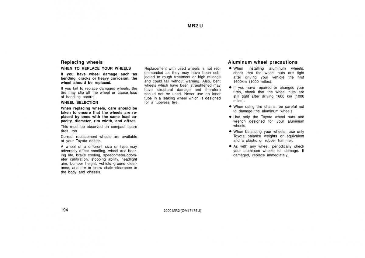 manual  Toyota MR2 Spyder MR S roadster owners manual / page 198