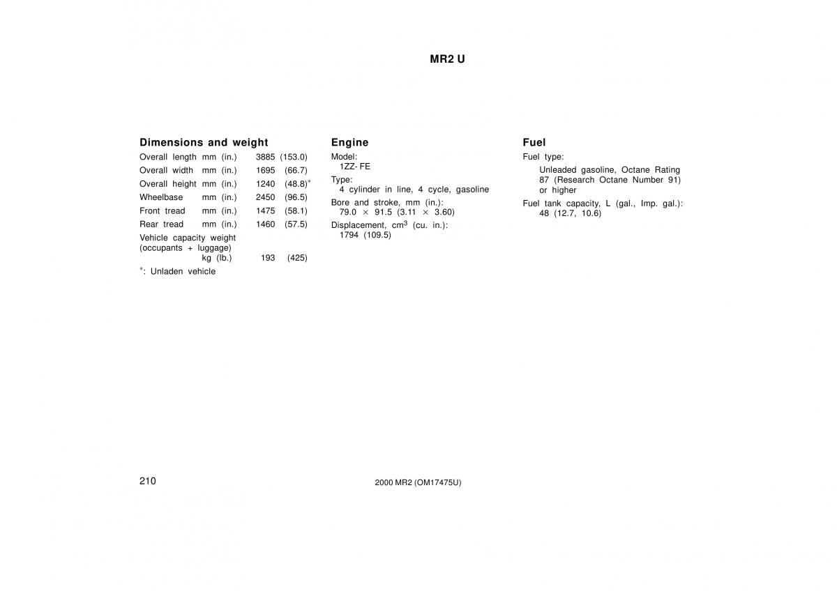 Toyota MR2 Spyder MR S roadster owners manual / page 214