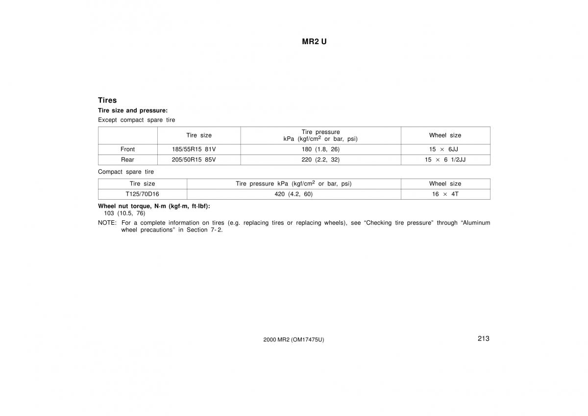 Toyota MR2 Spyder MR S roadster owners manual / page 217