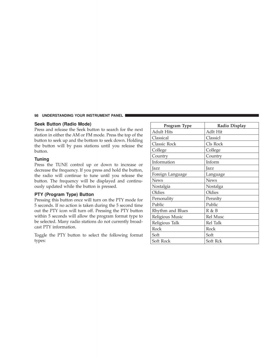 Chrysler Sebring JR27 Convertible owners manual / page 98