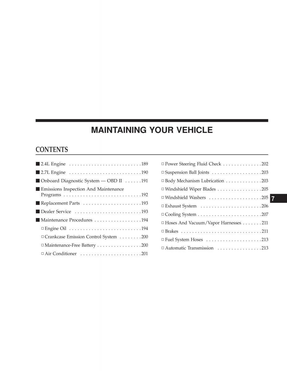 Chrysler Sebring JR27 Convertible owners manual / page 187