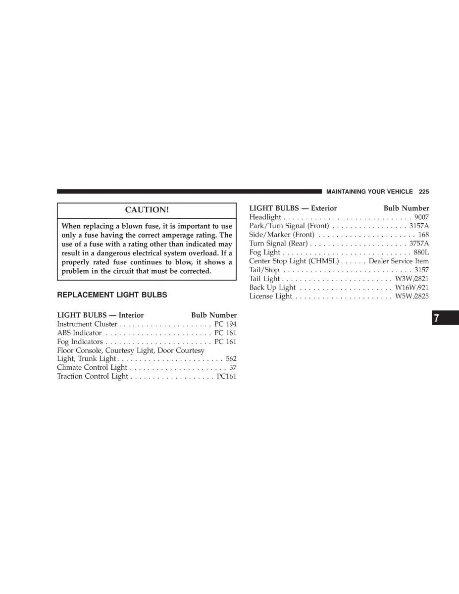 Chrysler Sebring JR27 Convertible owners manual / page 225