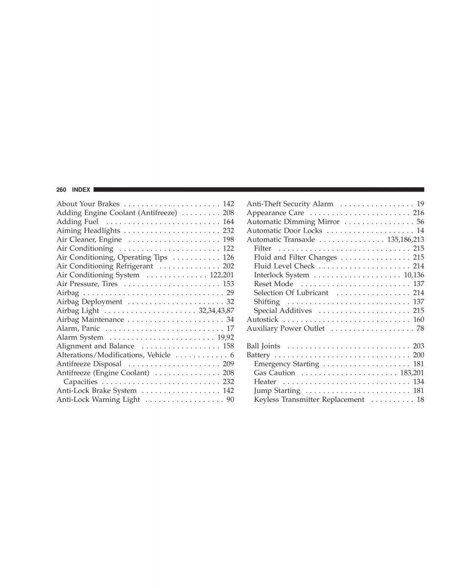 Chrysler Sebring JR27 Convertible owners manual / page 260