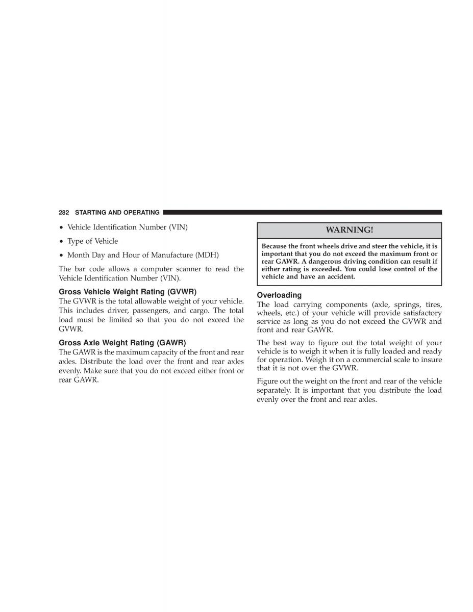 manual chrysler voyager chrysler voyager town and country plymouth voyager owners manual / page 282