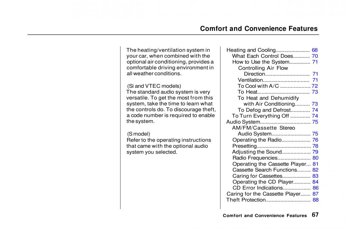 Honda Civic Del Sol CR X owners manual / page 67