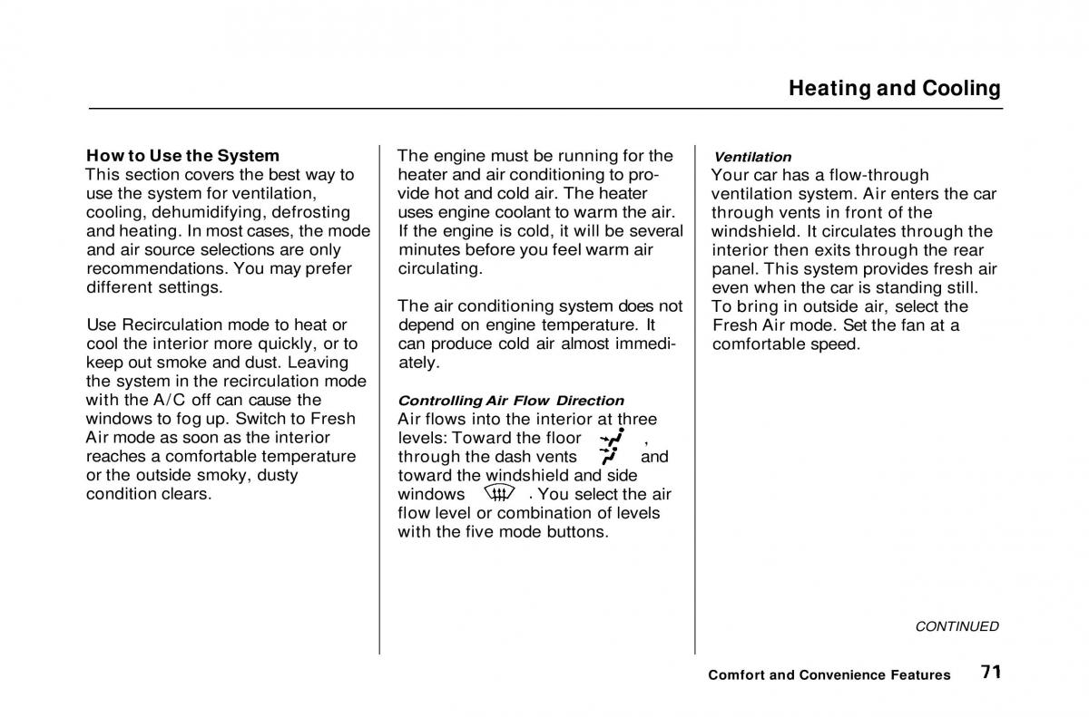 Honda Civic Del Sol CR X owners manual / page 71