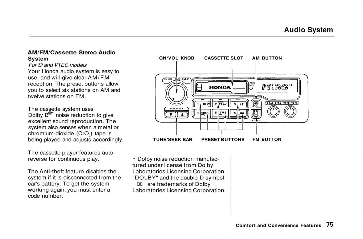 Honda Civic Del Sol CR X owners manual / page 75