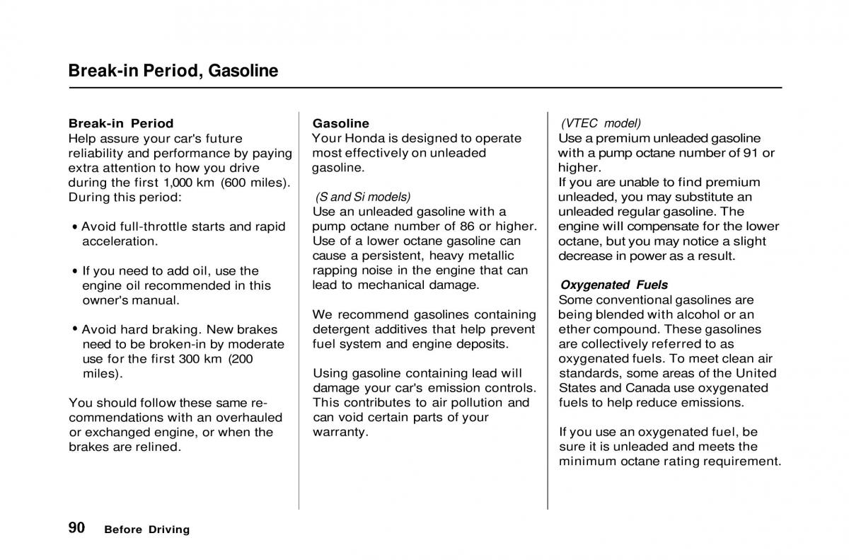 Honda Civic Del Sol CR X owners manual / page 90