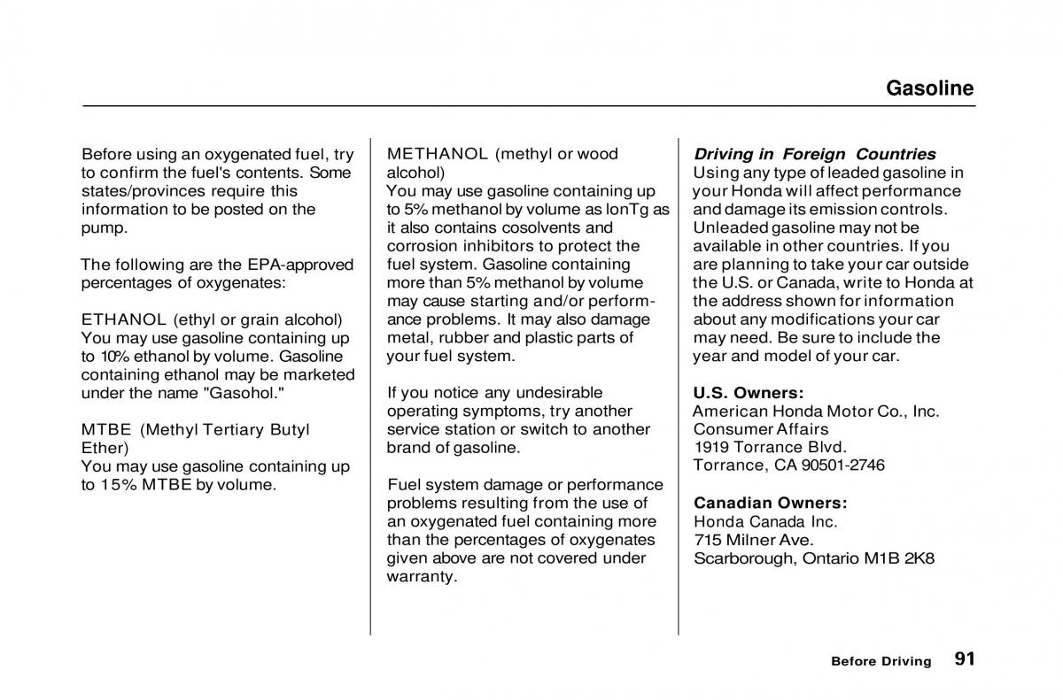 Honda Civic Del Sol CR X owners manual / page 91